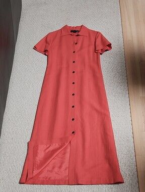 Selina Canada Vintage Coral Red Short Sleeve Maxi Shirt Dress Linen Blend Size 4
